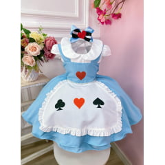 Vestido Infantil Alice no Pais das Maravilhas C/ Laço de Cabelo