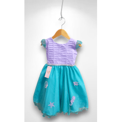 Vestido Infantil Ariel Apliques Fundo do Mar e Busto Plissado