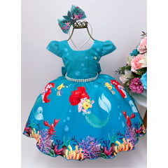 Vestido Infantil Sereia Fundo Mar Pérolas
