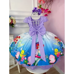 Vestido Infantil Ariel Princesas Peito Strass Aplique Laço