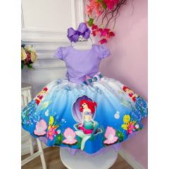 Vestido Infantil Sereia Lilás Princesas Peito Strass Aplique