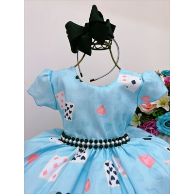 Vestido Infantil Azul Alice no País das Maravilhas Pérolas