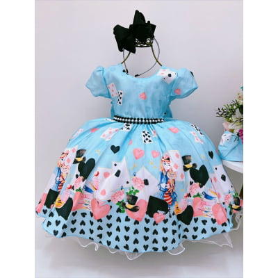 Vestido Infantil Azul Alice no País das Maravilhas Pérolas