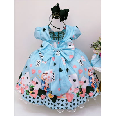 Vestido Infantil Azul Alice no País das Maravilhas Pérolas