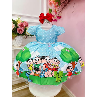Vestido Infantil Azul Claro Turma da Mônica Festas