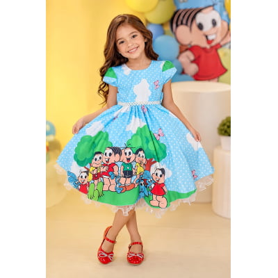 Vestido Infantil Azul Claro Turma da Mônica Festas Mangas Verdes Vestido Infantil Azul Claro Turma da Mônica Festas Mangas Verdes