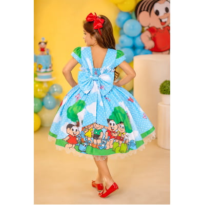 Vestido Infantil Azul Claro Turma da Mônica Festas Mangas Verdes