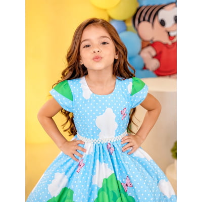 Vestido Infantil Azul Claro Turma da Mônica Festas Mangas Verdes