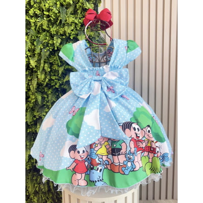 Vestido Infantil Azul Claro Turma da Mônica Festas Mangas Verdes