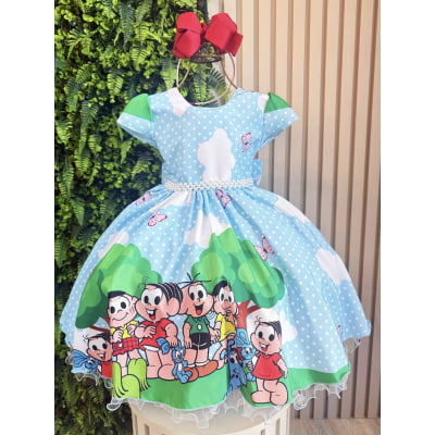 Vestido Infantil Azul Claro Turma da Mônica Festas Mangas Verdes