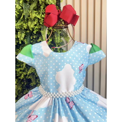 Vestido Infantil Azul Claro Turma da Mônica Festas Mangas Verdes