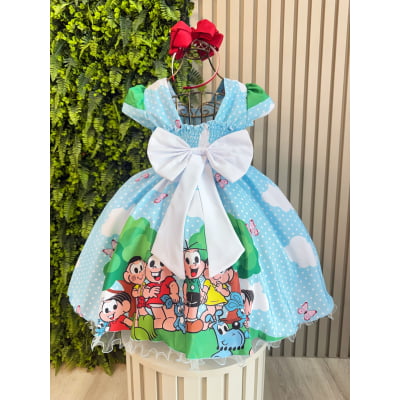 Vestido Infantil Azul Claro Turma da Mônica Festas Mangas Verdes