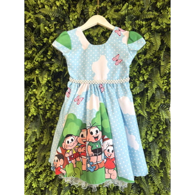 Vestido Infantil Azul Claro Turma da Mônica Festas Mangas Verdes