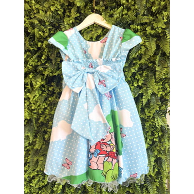 Vestido Infantil Azul Claro Turma da Mônica Festas Mangas Verdes