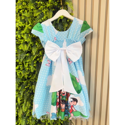 Vestido Infantil Azul Claro Turma da Mônica Festas Mangas Verdes