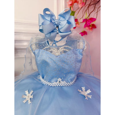 Vestido Infantil Azul Elsa Frozen Gelo Com Capa Luxo Festas