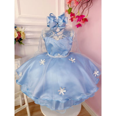 Vestido Infantil Azul Elsa Frozen Gelo Com Capa Luxo Festas