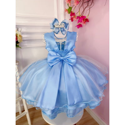 Vestido Infantil Azul Elsa Frozen Gelo Com Capa Luxo Festas