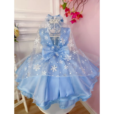 Vestido Infantil Azul Elsa Frozen Gelo Com Capa Luxo Festas