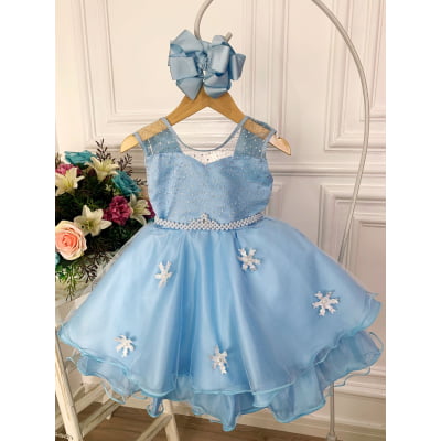 Vestido Infantil Azul Elsa Frozen Gelo Com Capa Luxo Festas