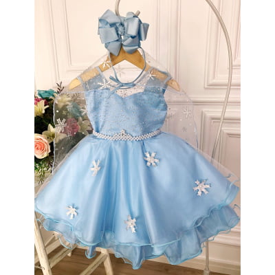 Vestido Infantil Azul Elsa Frozen Gelo Com Capa Luxo Festas