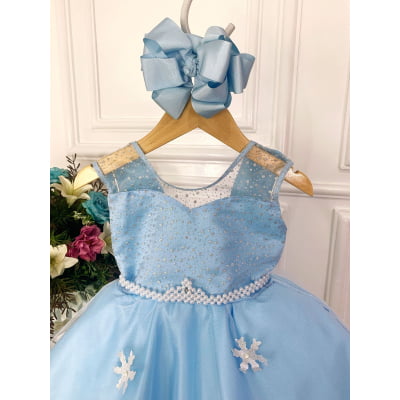 Vestido Infantil Azul Elsa Frozen Gelo Com Capa Luxo Festas