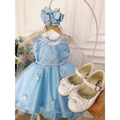 Vestido Infantil Azul Elsa Frozen Gelo Com Capa Luxo Festas