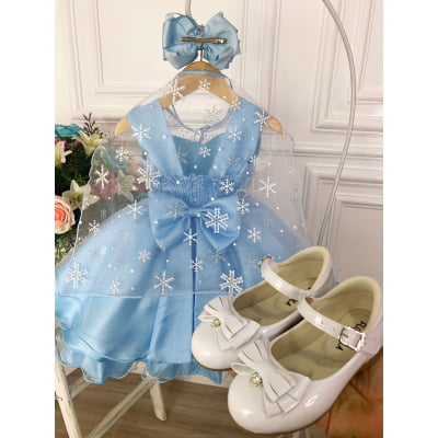 Vestido Infantil Azul Elsa Frozen Gelo Com Capa Luxo Festas
