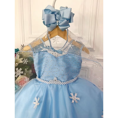 Vestido Infantil Azul Elsa Frozen Gelo Com Capa Luxo Festas