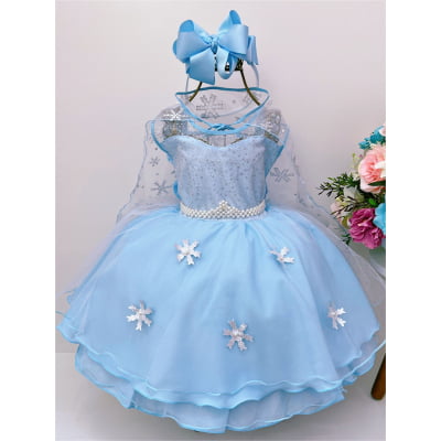 Vestido Infantil Azul Frozen C Capa Luxo Festas de Princesas