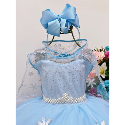 Vestido Infantil Azul Frozen C Capa Luxo Festas de Princesas