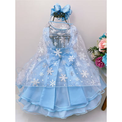 Vestido Infantil Azul Frozen C Capa Luxo Festas de Princesas