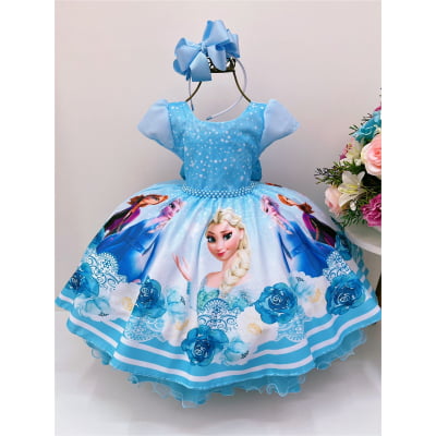 Vestido Infantil Azul Frozen Elsa Gelo Cinto Pérola