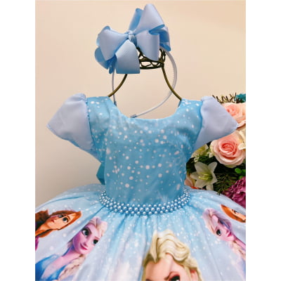 Vestido Infantil Azul Frozen Elsa Gelo Cinto Pérola