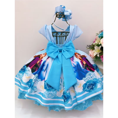 Vestido Infantil Azul Frozen Elsa Gelo Cinto Pérola