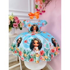 Vestido Infantil Azul Moana Doll Florido Luxo Festas