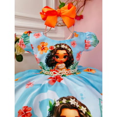 Vestido Infantil Azul Moana Doll Florido Luxo Festas