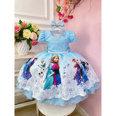 Vestido Infantil Azul Princesa Frozen Elsa Gelo Com Laço