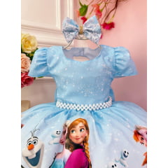 Vestido Infantil Azul Princesas Frozen Elsa Anna Com Laço