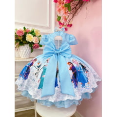 Vestido Infantil Azul Princesas Frozen Elsa Anna Com Laço