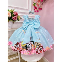 Vestido Infantil Baby Looney Tunes Azul Claro C/ Laço Festas