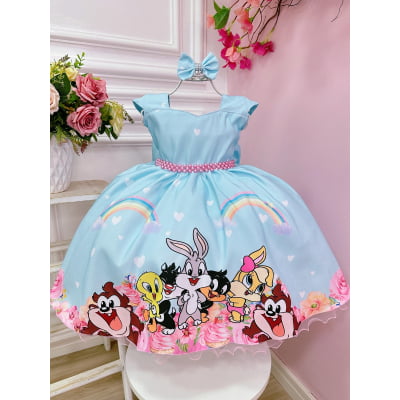 Vestido Infantil Baby Looney Tunes Azul Claro C/ Laço Festas