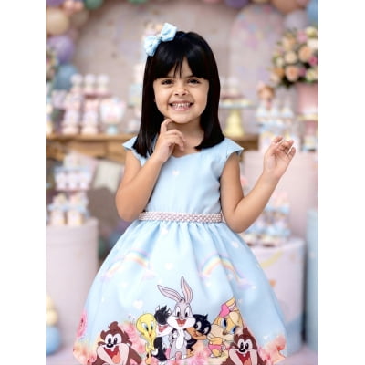 Vestido Infantil Baby Looney Tunes Azul Claro C/ Laço Festas