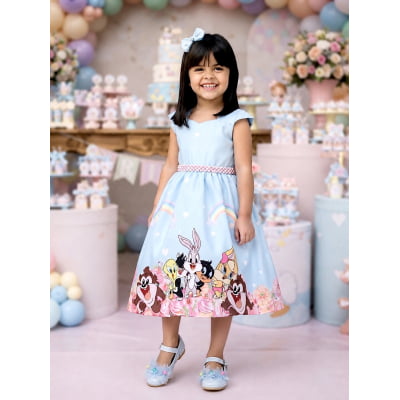 Vestido Infantil Baby Looney Tunes Azul Claro C/ Laço Festas