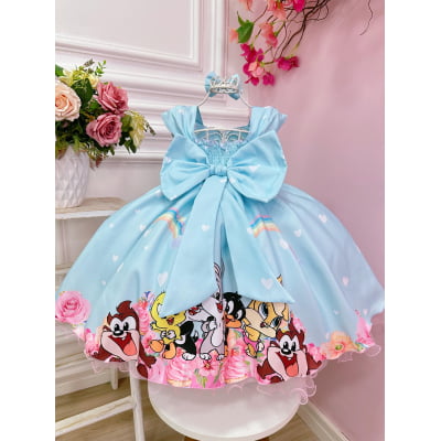 Vestido Infantil Baby Looney Tunes Azul Claro C/ Laço Festas
