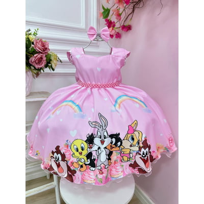 Vestido Infantil Baby Looney Tunes Rosa C/ Laço Festas Vestido Infantil Baby Looney Tunes Rosa C/ Laço Festas