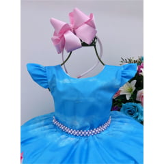 Vestido Infantil Baby Shark Azul Com Cinto de Pérolas