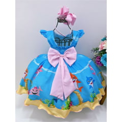 Vestido Infantil Baby Shark Azul Com Cinto de Pérolas