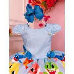 Vestido Infantil Baby Shark Brincando Fundo Mar Azul Bebê