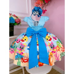 Vestido Infantil Baby Shark Brincando Fundo Mar Azul Bebê